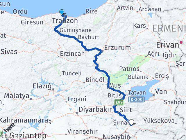 Trabzon Akçaabat Şırnak Arası Kaç Km - Yol Haritası