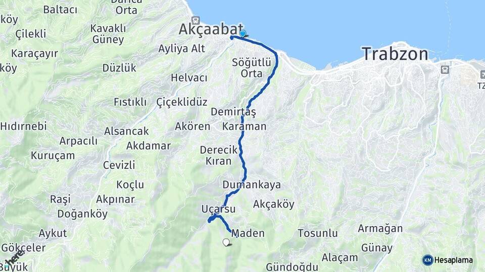 Trabzon Akçaabat Söğütlü Ortahisar Arası Kaç Km - Yol Haritası