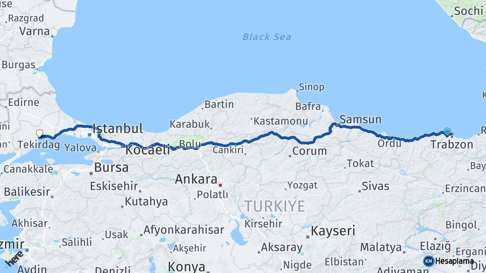 Trabzon Akçaabat Tekirdağ Arası Kaç Km - Yol Haritası