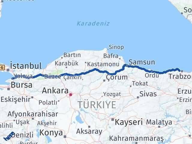 Trabzon Akçaabat Yalova Arası Kaç Km - Yol Haritası
