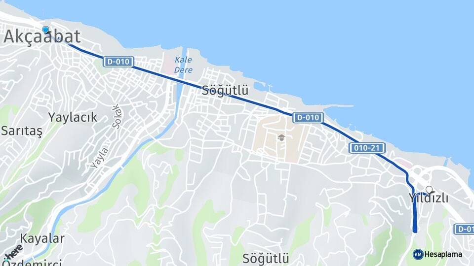 Trabzon Akçaabat Yıldızlı Akçaabat Arası Kaç Km - Yol Haritası