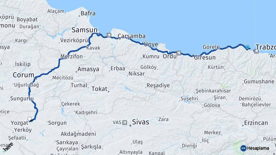 Trabzon Akçaabat Yozgat Arası Kaç Km - Yol Haritası