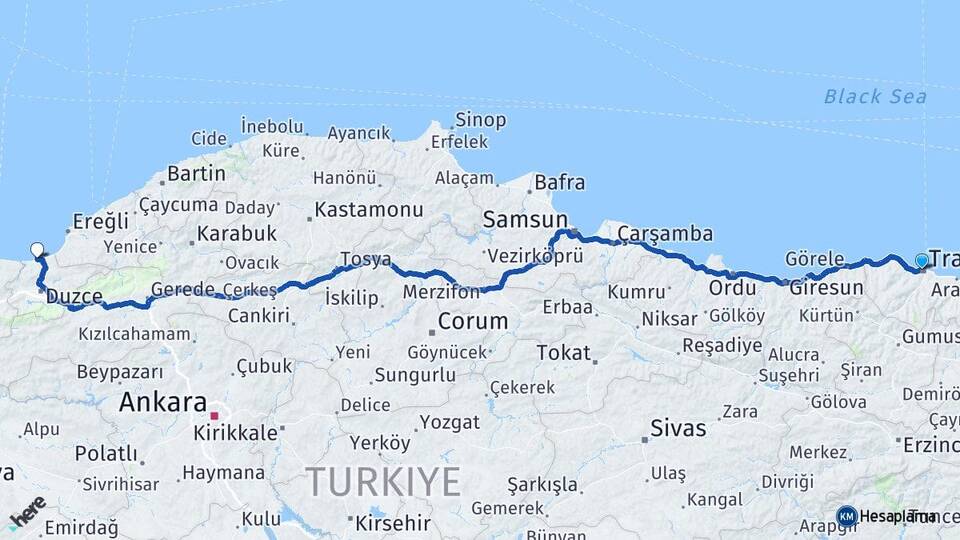 Trabzon Akçakoca Düzce Arası Kaç Km - Yol Haritası