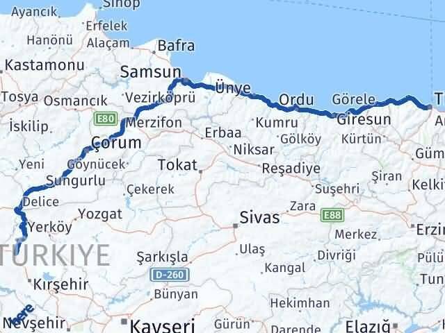 Trabzon Akpınar Kırşehir Arası Kaç Km - Yol Haritası