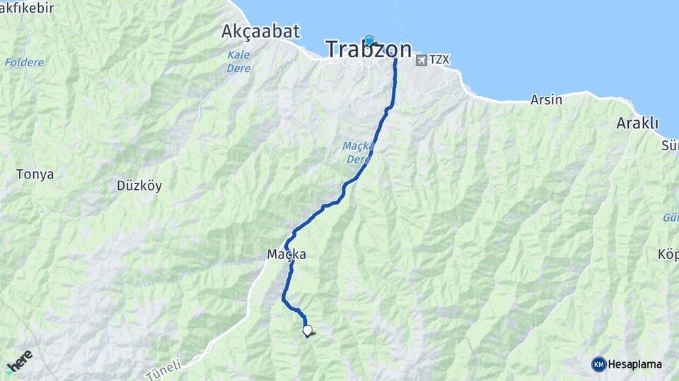 Trabzon Altındere Maçka Arası Kaç Km - Yol Haritası