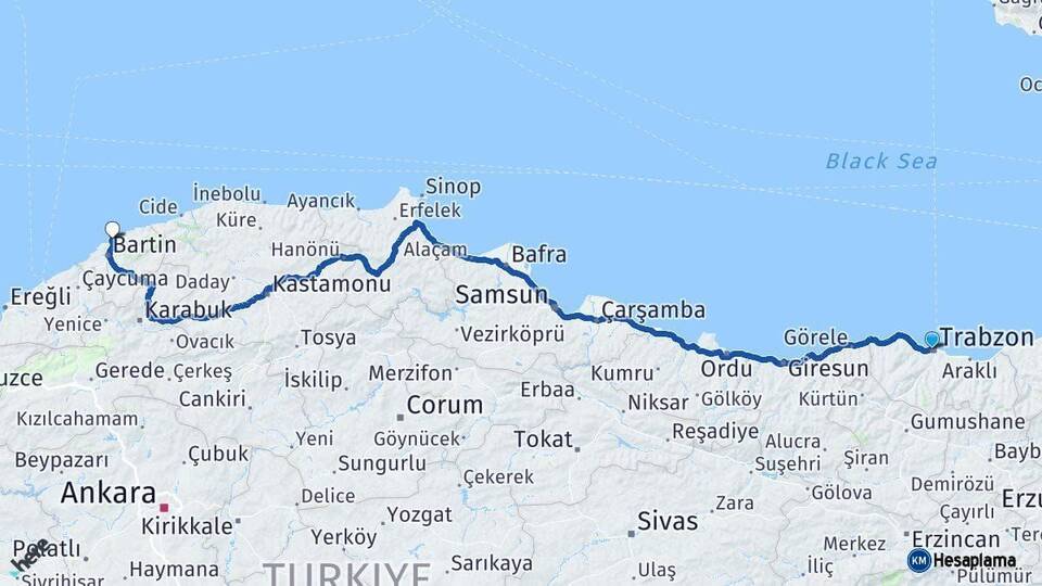 Trabzon Amasra Bartın Arası Kaç Km - Yol Haritası