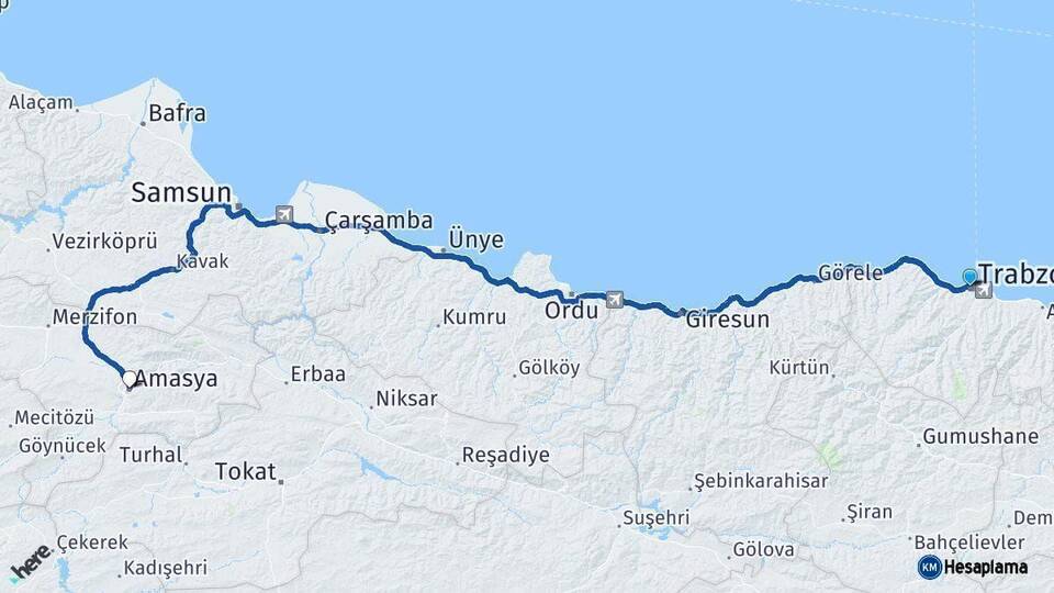 Trabzon Amasya Arası Kaç Km - Yol Haritası