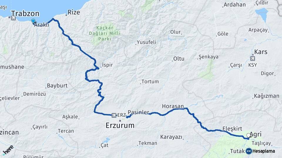 Trabzon Araklı Ağrı Arası Kaç Km - Yol Haritası