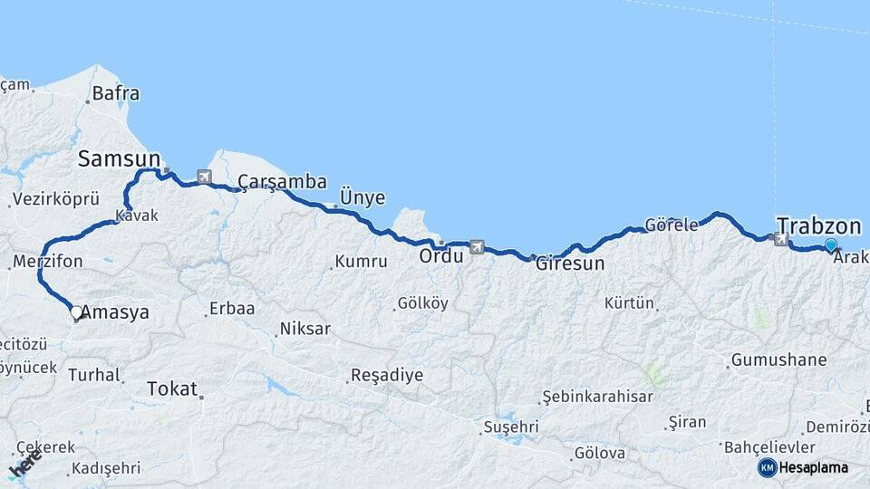 Trabzon Araklı Amasya Arası Kaç Km - Yol Haritası