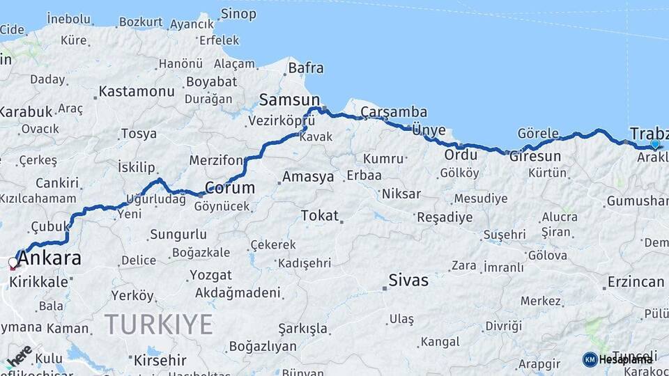 Trabzon Araklı Ankara Arası Kaç Km - Yol Haritası