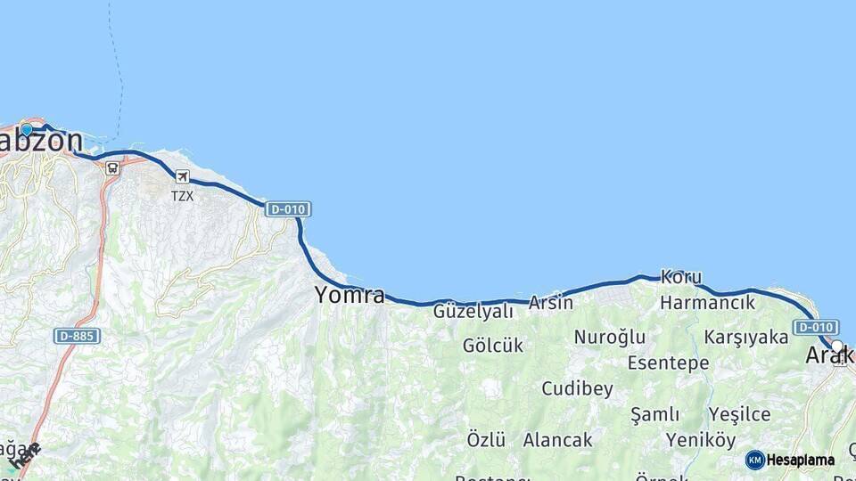 Trabzon Araklı Arası Kaç Km - Yol Haritası