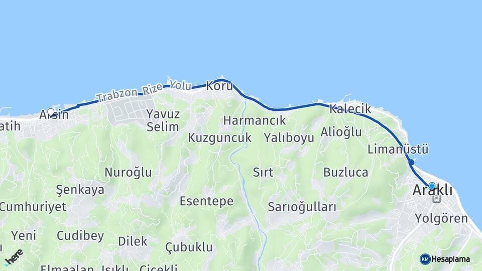 Trabzon Araklı Arsin Arası Kaç Km - Yol Haritası