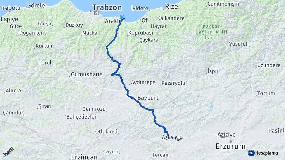 Trabzon Araklı Aşkale Erzurum Arası Kaç Km - Yol Haritası