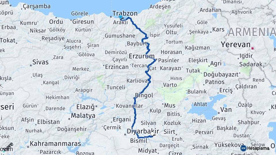 Trabzon Araklı Batman Arası Kaç Km - Yol Haritası