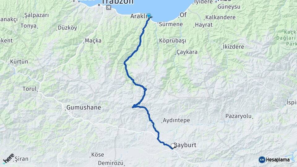 Trabzon Araklı Bayburt Arası Kaç Km - Yol Haritası