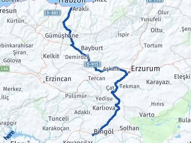 Trabzon Araklı Bingöl Arası Kaç Km - Yol Haritası