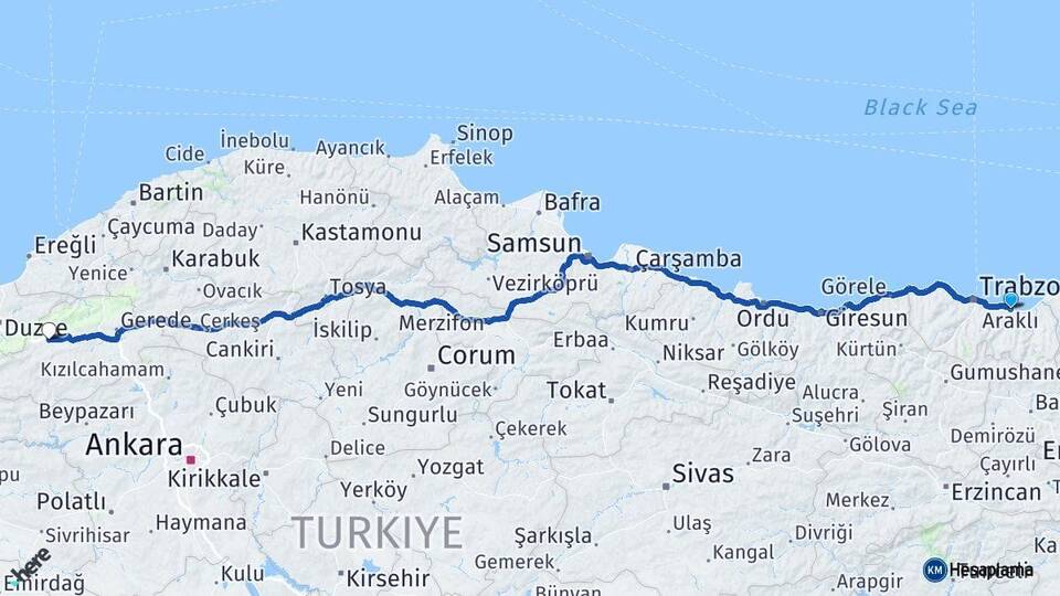Trabzon Araklı Bolu Arası Kaç Km - Yol Haritası