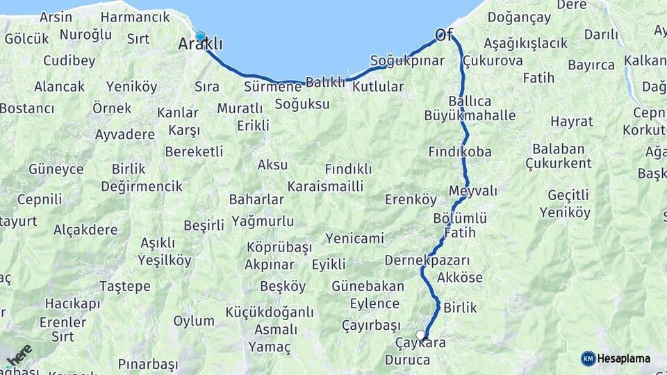 Trabzon Araklı Çaykara Arası Kaç Km - Yol Haritası
