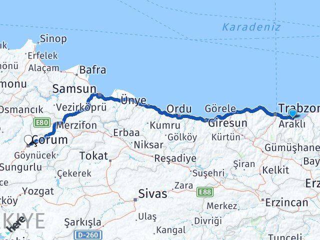 Trabzon Araklı Çorum Arası Kaç Km - Yol Haritası