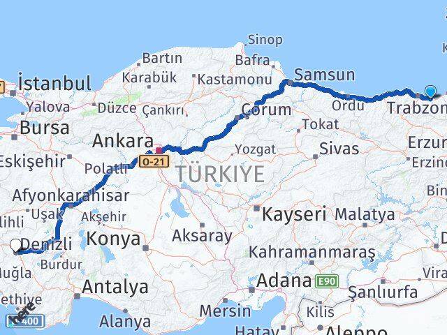Trabzon Araklı Denizli Arası Kaç Km - Yol Haritası