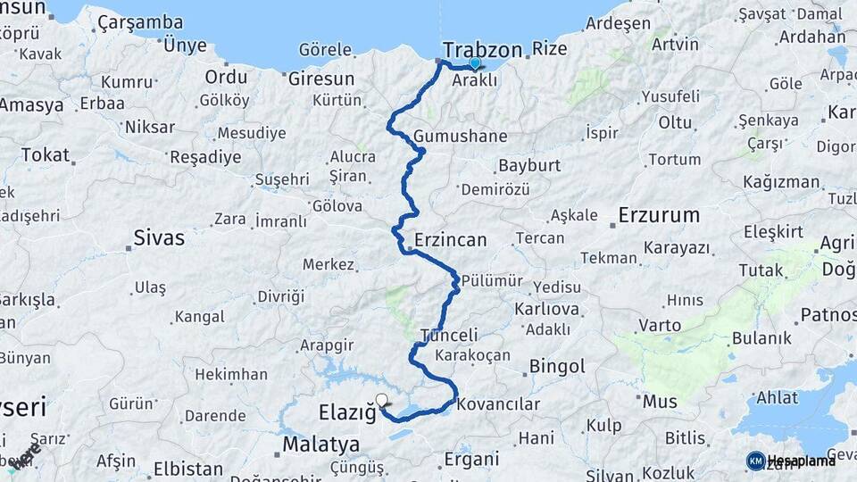 Trabzon Araklı Elazığ Arası Kaç Km - Yol Haritası