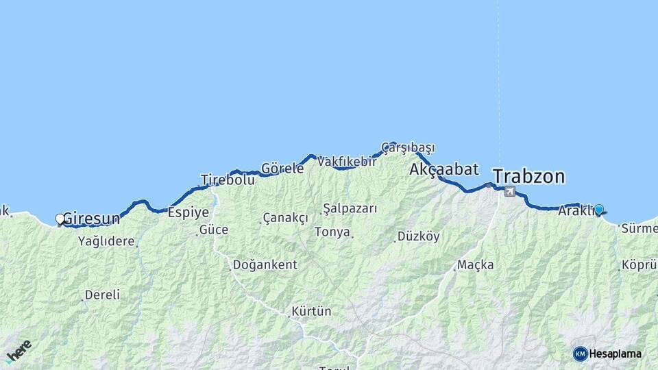 Trabzon Araklı Giresun Arası Kaç Km - Yol Haritası