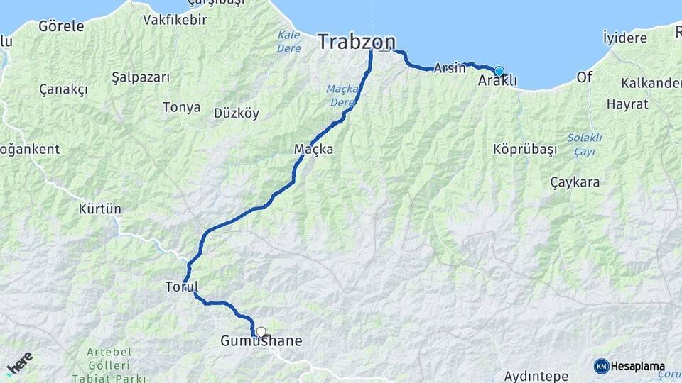 Trabzon Araklı Gümüşhane Arası Kaç Km - Yol Haritası