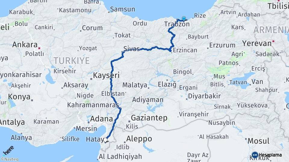 Trabzon Araklı Hatay Arası Kaç Km - Yol Haritası