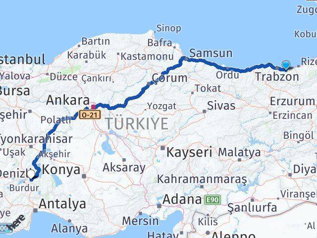 Trabzon Araklı Isparta Arası Kaç Km - Yol Haritası