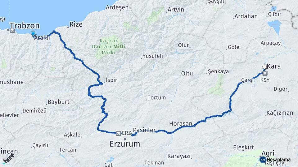 Trabzon Araklı Kars Arası Kaç Km - Yol Haritası