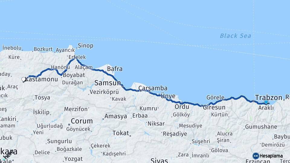 Trabzon Araklı Kastamonu Arası Kaç Km - Yol Haritası