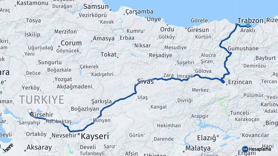 Trabzon Araklı Kırşehir Arası Kaç Km - Yol Haritası