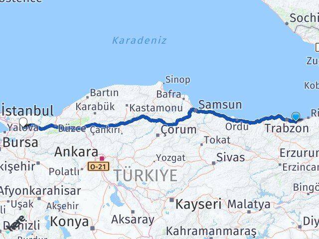 Trabzon Araklı Kocaeli Arası Kaç Km - Yol Haritası