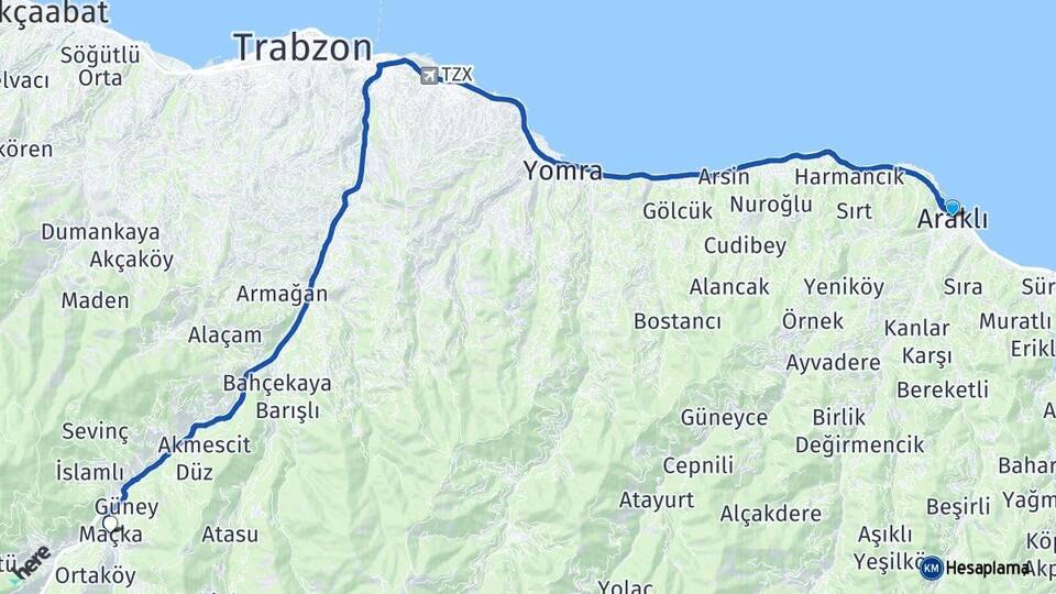 Trabzon Araklı Maçka Arası Kaç Km - Yol Haritası