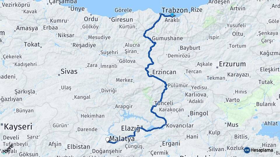Trabzon Araklı Malatya Arası Kaç Km - Yol Haritası