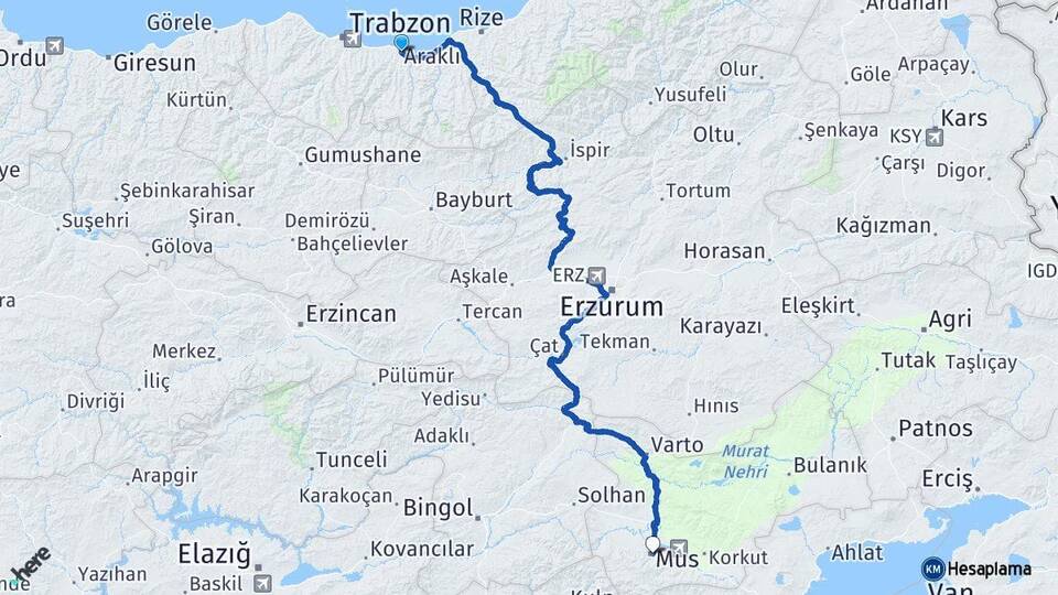 Trabzon Araklı Muş Arası Kaç Km - Yol Haritası