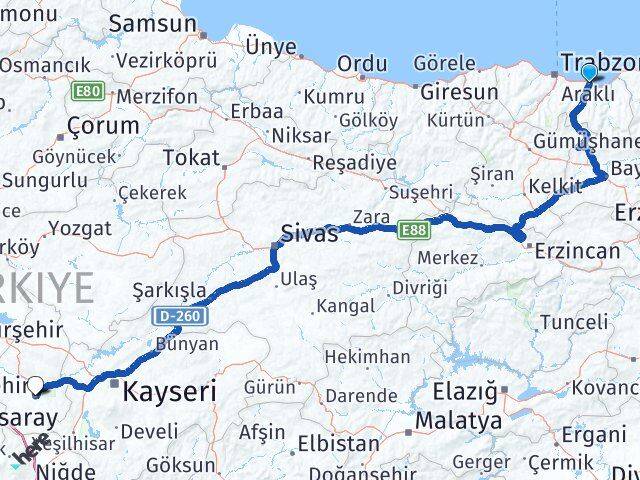 Trabzon Araklı Nevşehir Arası Kaç Km - Yol Haritası