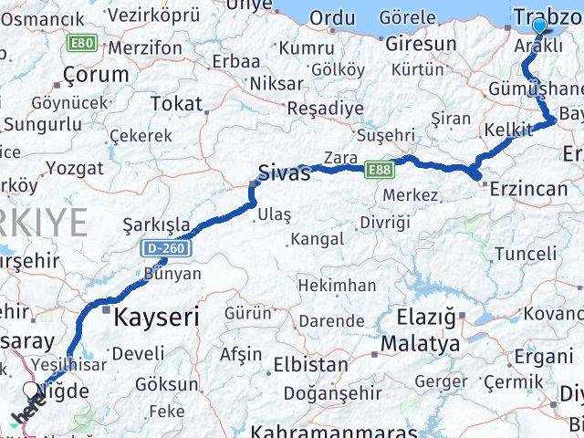 Trabzon Araklı Niğde Arası Kaç Km - Yol Haritası