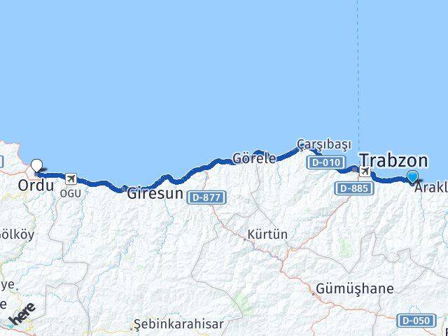 Trabzon Araklı Ordu Arası Kaç Km - Yol Haritası
