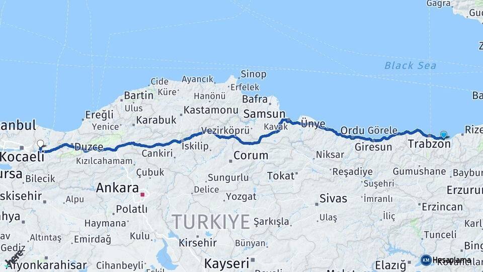 Trabzon Araklı Sakarya Arası Kaç Km - Yol Haritası