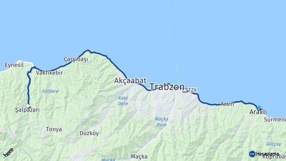 Trabzon Araklı Şalpazarı Arası Kaç Km - Yol Haritası