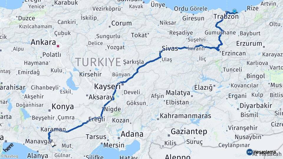 Trabzon Araklı Sarıveliler Karaman Arası Kaç Km - Yol Haritası
