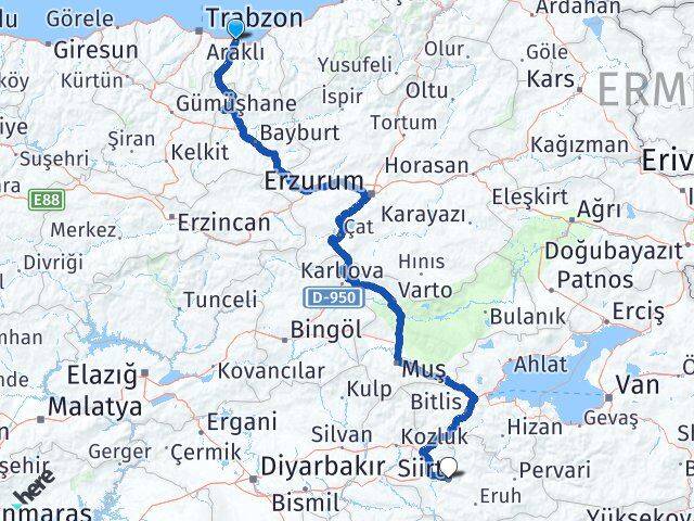 Trabzon Araklı Siirt Arası Kaç Km - Yol Haritası