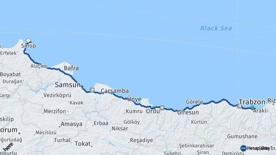 Trabzon Araklı Sinop Arası Kaç Km - Yol Haritası