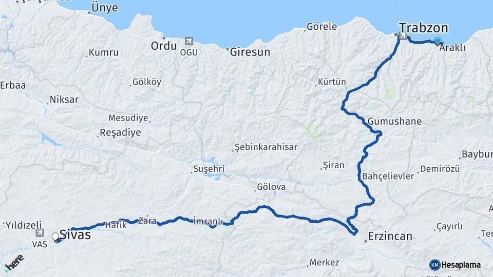 Trabzon Araklı Sivas Arası Kaç Km - Yol Haritası