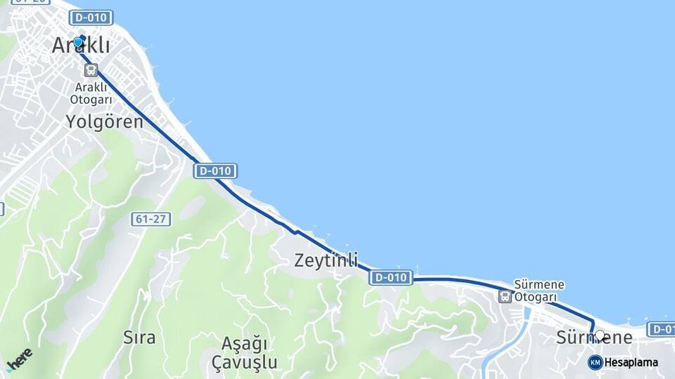 Trabzon Araklı Sürmene Arası Kaç Km - Yol Haritası