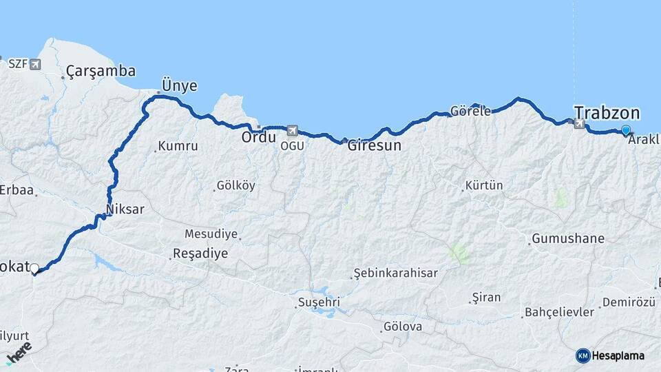 Trabzon Araklı Tokat Arası Kaç Km - Yol Haritası