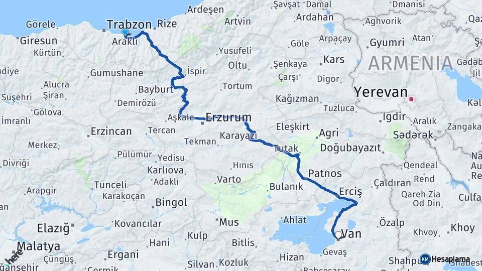 Trabzon Araklı Van Arası Kaç Km - Yol Haritası