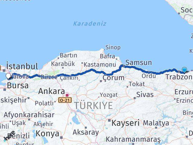 Trabzon Araklı Yalova Arası Kaç Km - Yol Haritası