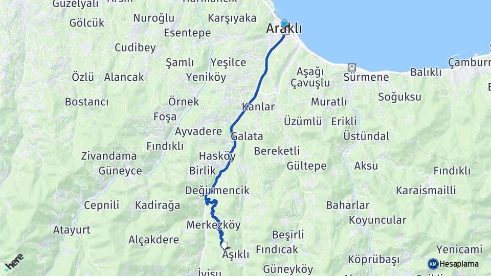 Trabzon Araklı Yeşilköy Araklı Arası Kaç Km - Yol Haritası